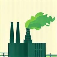 Infographic icon of factory pipes emitting clean air, surrounded by green leaves