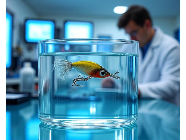 Fishing lure prototype submerged in a clear tank, observed by a technician to analyze its action and buoyancy