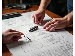 Artisan discussing lure design blueprints with an angler