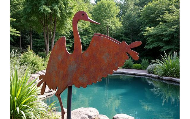 Large metal fish sculpture in an outdoor garden setting