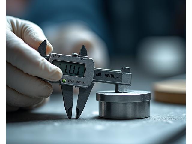 Technician inspecting a metal jig using a digital caliper for dimensional accuracy